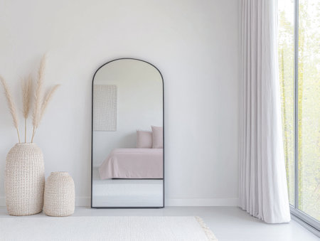 Minimalist interior design composition in neutral colors with a mirror next to a large window, a rug and a sofa.の素材