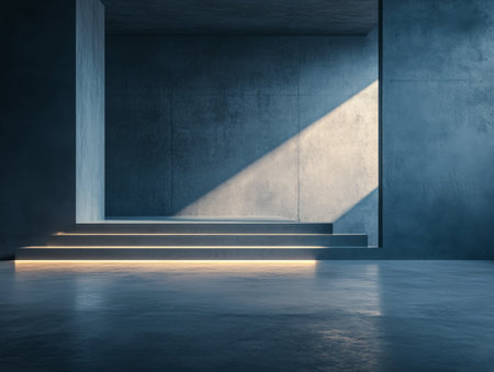 An elegant minimalist interior featuring soft sunlight streaming through a window, casting gentle shadows on the sleek concrete surfaces. The clean lines and simple design create a serene and refined atmosphere.の素材