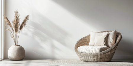 Room interiors with boho decor, neutral colors and natural lighting. Chic property interior design composition.の素材