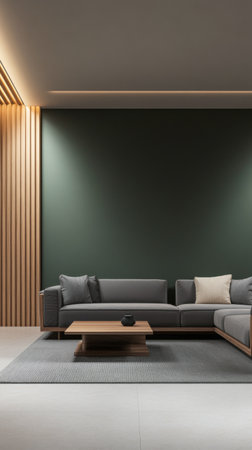 Modern minimalist living room interior with led lighting, wal panels and minimal furnitureの素材