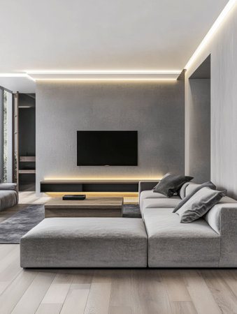Modern minimalist living room interior with led lighting and neutral colorsの素材