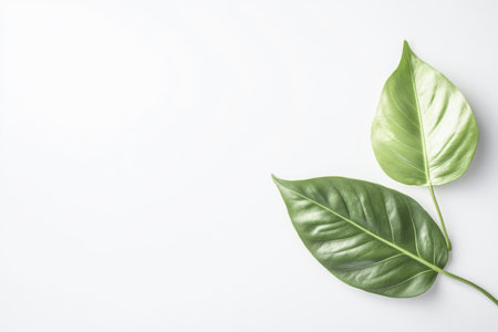 Minimalist green leaf on a white copyspace background.の素材