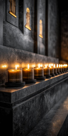 Church interiors with a ornate altar illuminated by candle lightingの素材
