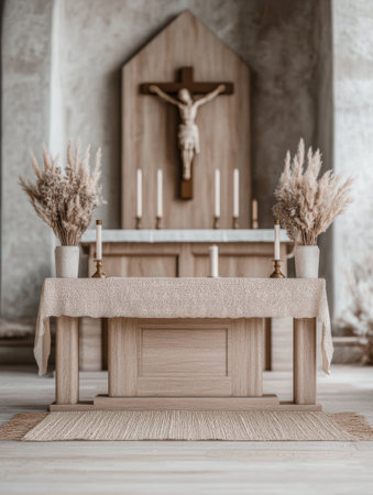 Serene church interiors with ornate altar and candlesの素材