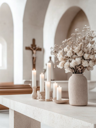 Serene church interiors with ornate altar and candlesの素材