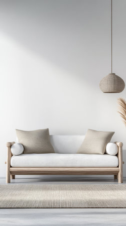 Scandinavian living room interior design composition with coastal elements and minimalist furniture.の素材