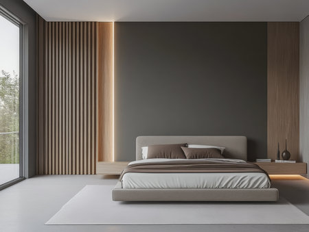 An elegant bedroom featuring vertical wood paneling and ambient lighting. The minimalist design includes a comfortable bed with neutral bedding, creating a peaceful and inviting atmosphere perfect for relaxation.の素材