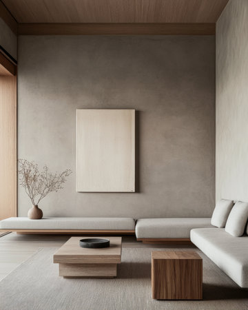 Japandi living room interior composition blending Japanese and Scandinavian minimalism with elegant furniture.の素材