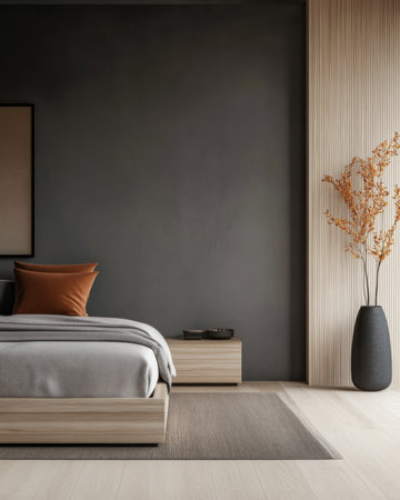 Luxury minimalist bedroom composition with wood accents, natural window lighting and elegant beige decorの素材