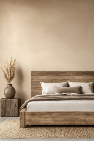 Minimalist Japanese inspired bedroom in beige tone with minimal decor and soft lighting. Contemporary Real Estate interior design compositionの素材