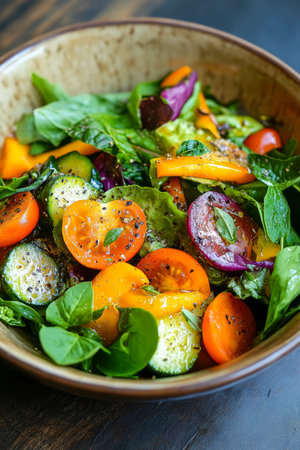 A fresh and wholesome spinach salad mixed with vibrant cherry tomatoes, sliced cucumbers, and orange bell peppers. The dish is lightly seasoned and served in a rustic bowl, ideal for a nutritious and flavorful meal.の素材