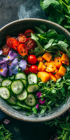 A vibrant salad topped with edible flowers, cherry tomatoes, and a variety of fresh greens. This colorful and gourmet dish is perfect for special occasions or as a healthy, light meal.の素材