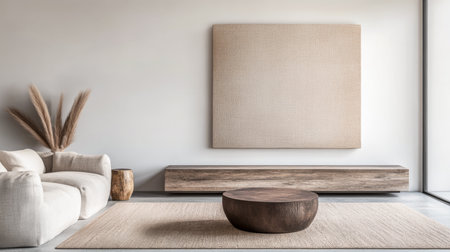 Bright minimalist Scandinavian living room with a natural wood table, bold artwork and a sofaの素材