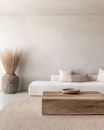 Bright minimalist Scandinavian living room with a natural wood table, bold artwork and a sofaの素材