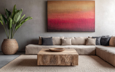 Bright minimalist Scandinavian living room with a natural wood table, bold artwork and a sofaの素材