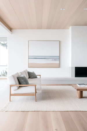 Mediterranean living room interiors in a luxury villa with coastal decor and minimal furniture. Coastal interior design composition with natural lighting.の素材