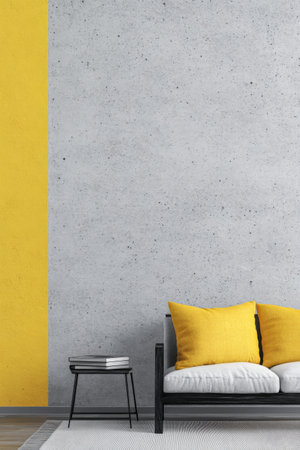 Minimalist living room composition with a sofa, a lamp and a table against a large concrete grey wall. Brutalist interior design composition with copyspaceの素材