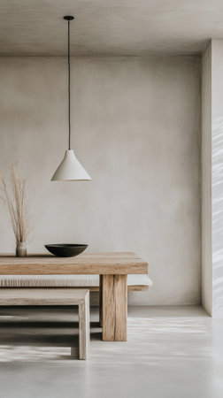 Minimalist coastal dining room with bleached wood furniture and Mediterranean decor. Residential interior design composition with copyspaceの素材