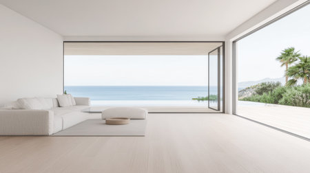 Living room in a luxury Mediterranean villa next to the sea with minimalist decor and coastal furniture. Luxury Real Estate homes interior design.の素材