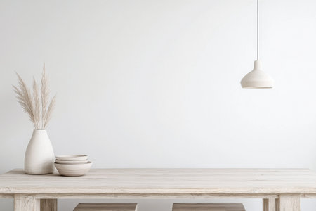 Minimalist coastal dining room with bleached wood furniture and Mediterranean decor. Residential interior design composition with copyspaceの素材