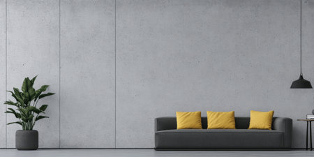 Minimalist living room composition with a sofa, a lamp and a table against a large concrete grey wall. Brutalist interior design composition with copyspaceの素材