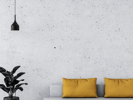 Minimalist living room composition with a sofa, a lamp and a table against a large concrete grey wall. Brutalist interior design composition with copyspaceの素材