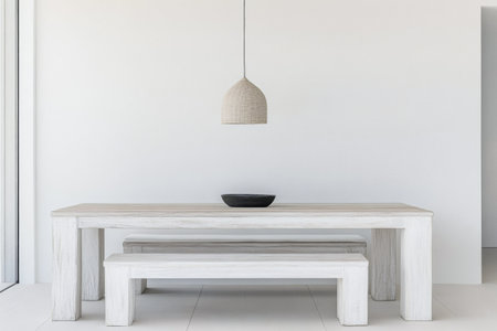 Minimalist coastal dining room with bleached wood furniture and Mediterranean decor. Residential interior design composition with copyspaceの素材