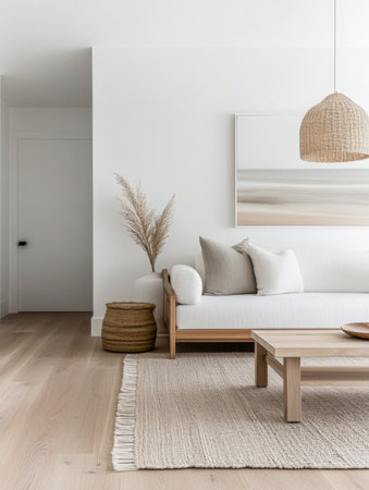 Mediterranean living room interiors in a luxury villa with coastal decor and minimal furniture. Coastal interior design composition with natural lighting.の素材