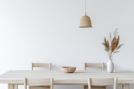 Minimalist coastal dining room with bleached wood furniture and Mediterranean decor. Residential interior design composition with copyspaceの素材