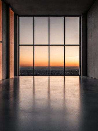 Empty room interiors with large windows providing natural lighting and views in neutral tonesの素材