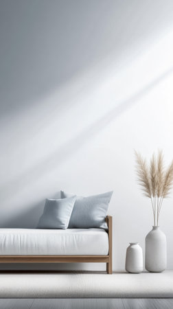 Room interior design with minimalist furniture, natural lighting and soft blue hue.の素材