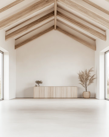 Spacious empty room with large windows, high ceilings with beans, natural lighting and beige tonesの素材