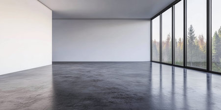 Empty room interiors with large windows providing natural lighting and views in neutral tonesの素材