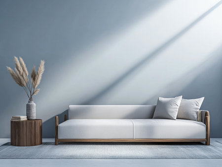 Room interior design with minimalist furniture, natural lighting and soft blue hue.の素材