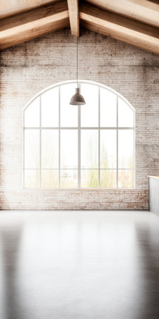 Spacious empty room with arched windows and exposed brick walls. Large property interior with ample copyspace for branding.の素材