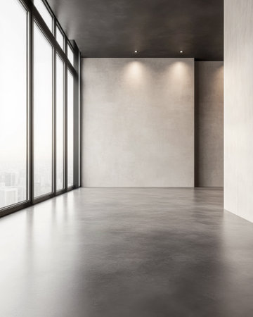 Modern minimalist room with large windows, natural day lighting in neutral colors. Contemporary interior with ample copyspace.の素材