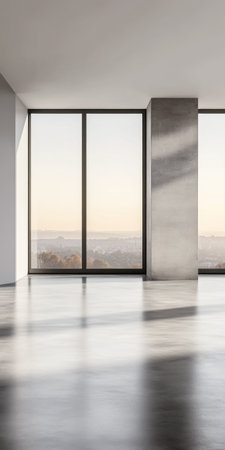 Modern minimalist room with large windows, natural day lighting in neutral colors. Contemporary interior with ample copyspace.の素材