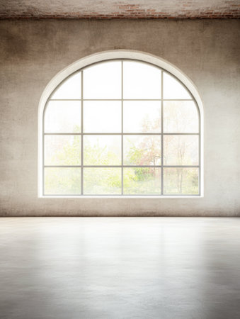 Spacious empty room with arched windows and exposed brick walls. Large property interior with ample copyspace for branding.の素材