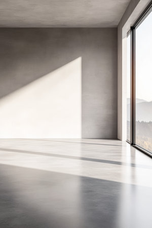 Modern minimalist room with large windows, natural day lighting in neutral colors. Contemporary interior with ample copyspace.の素材