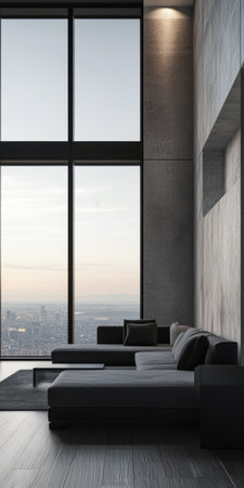 Modern minimalist living room in a penthouse apartment with large windows, elegant lighting and stylish furniture. Luxury Real Estate interior design composition with copyspaceの素材