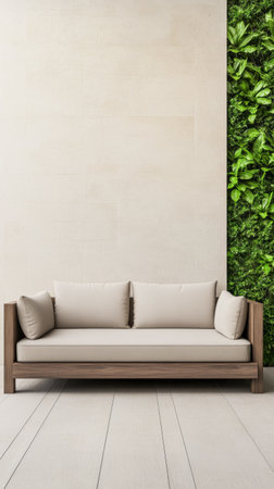 Modern outdoor terrace in a villa with minimalist furniture plants. Outdoor interior design concept image.の素材