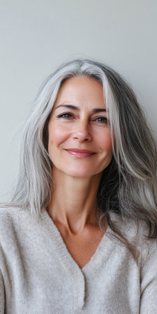 Middle aged woman smiling isolated from a copyspace background. Inclusivity conceptual imageの素材