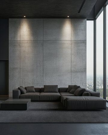Modern minimalist living room in a penthouse apartment with large windows, elegant lighting and stylish furniture. Luxury Real Estate interior design composition with copyspaceの素材