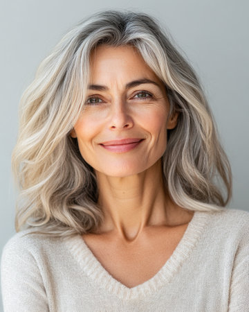 Middle aged woman smiling isolated from a copyspace background. Inclusivity conceptual imageの素材