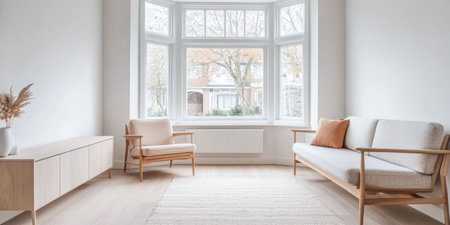 Scandinavian minimalist living room interiors with minimal furniture, a large window and plenty of lighting. Apartment interior design composition with copyspace.の素材