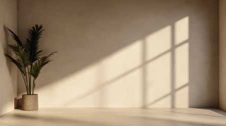 Empty room with a window providing natural lighting and casting shadows. Minimal residential interiors.の素材