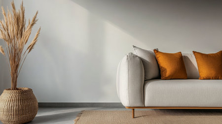 Minimalist living room interior design composition with Scandinavian furniture and a large window providing natural lighting to the room. Apartment interiors with ample copyspace and minimal decor.の素材