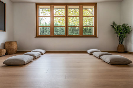 Minimalist rustic meditation a room with cushions, minimal wood furniture and a large window filling the space with natural lighting. Calming residential interiors in beige tonesの素材