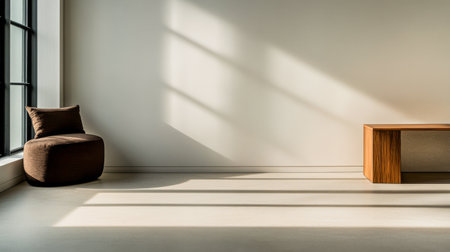 Empty minimalist living room corner with a high contrast of daylight and shadows. Luxury property interior designの素材