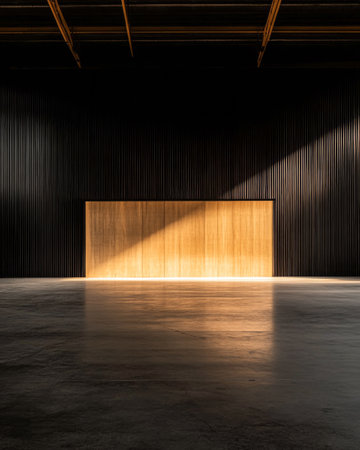 Empty warehouse with golden like lighting in dark colors. Commercial Real Estate interiors concept imageの素材